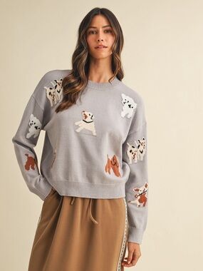E76. AnnieWear Gray Dog-Pattern Crewneck Sweater